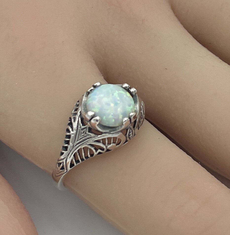 VINTAGE STYLE 925 STERLING SILVER LAB-CREATED WHITE OPAL FILIGREE RING #800