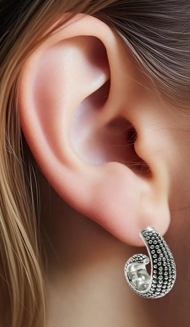 925 STERLING SILVER COBBLESTONE DESIGN HALF HOOP EARRINGS LIGHTWEIGHT 1671