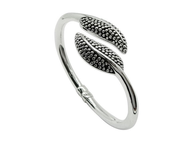 925 Sterling Silver Leaf Bangle Bracelet - 6.5" Lightweight Dotted Design 1451