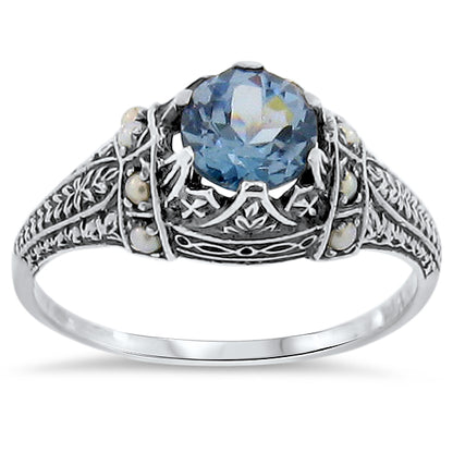 VICTORIAN STYLE 925 STERLING SILVER SIMULATED AQUAMARINE PEARL RING         #153