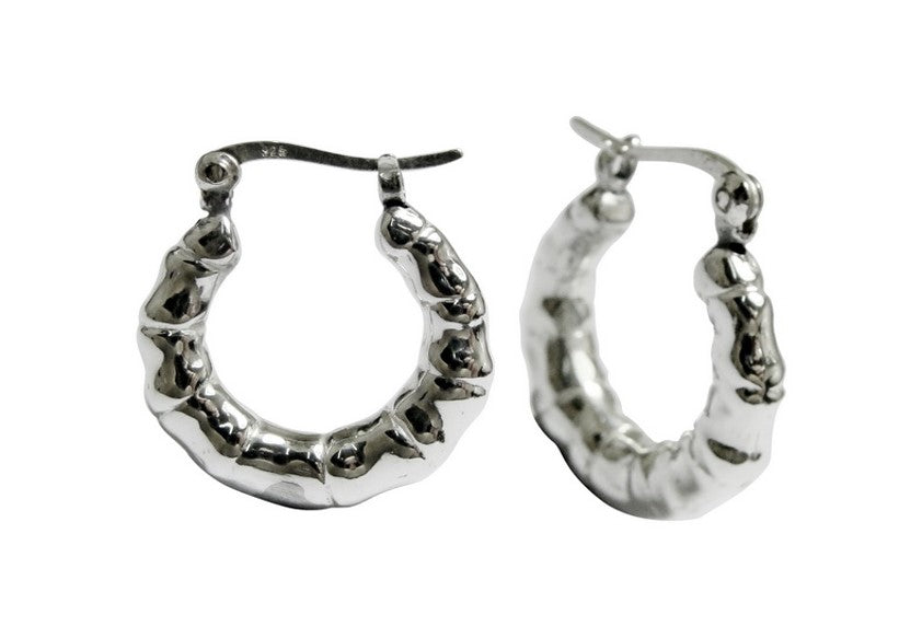 925 Sterling Silver Hoop Earrings, Bamboo Design Latch Back, Lightweight 1619