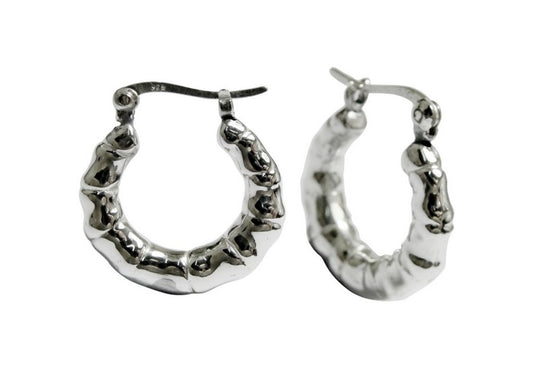 925 Sterling Silver Hoop Earrings, Bamboo Design Latch Back, Lightweight 1619
