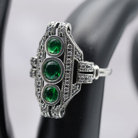VINTAGE STYLE 925 SOLID STERLING SILVER SIMULATED EMERALD FILIGREE RING 1789