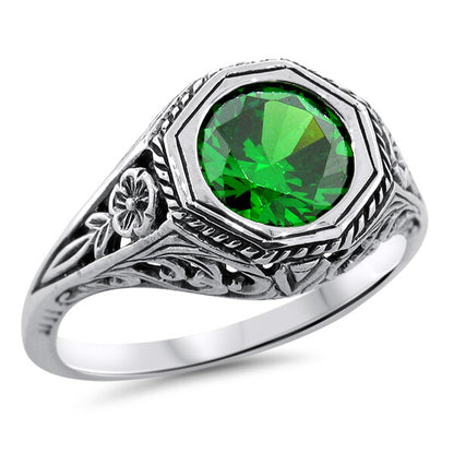 925 STERLING SILVER ANTIQUE STYLE VINTAGE DESIGN EMERALD CZ RING           #1217