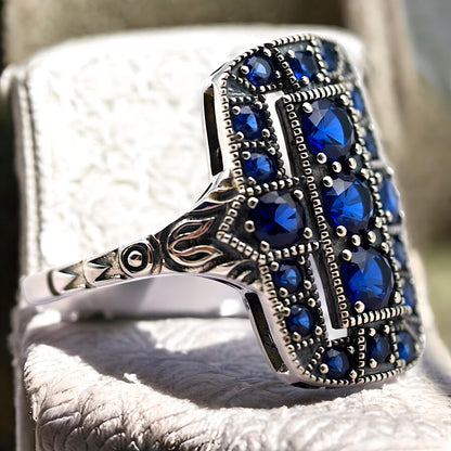 VINTAGE STYLE ROYAL BLUE SIMULATED SAPPHIRE 925 SOLID STERLING SILVER RING 1754