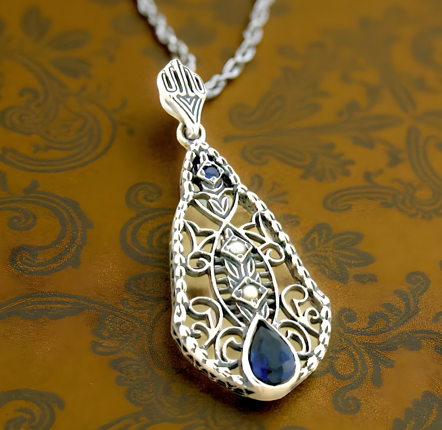 VINTAGE STYLE 925 STERLING SILVER LAB-CREATED SAPPHIRE & PEARL PENDANT #603