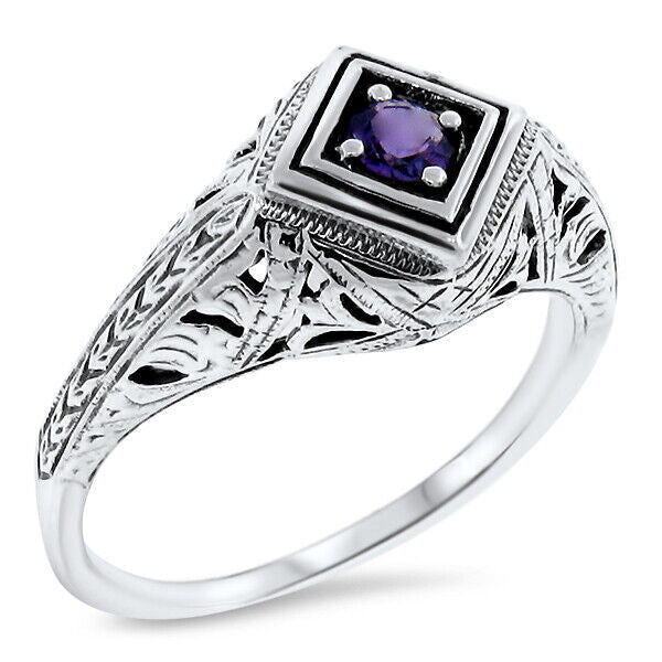 GENUINE AMETHYST 925 STERLING SILVER DECO ANTIQUE STYLE FILIGREE RING       #515