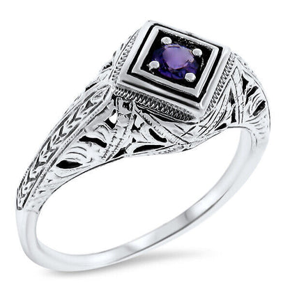 GENUINE AMETHYST 925 STERLING SILVER DECO ANTIQUE STYLE FILIGREE RING       #515