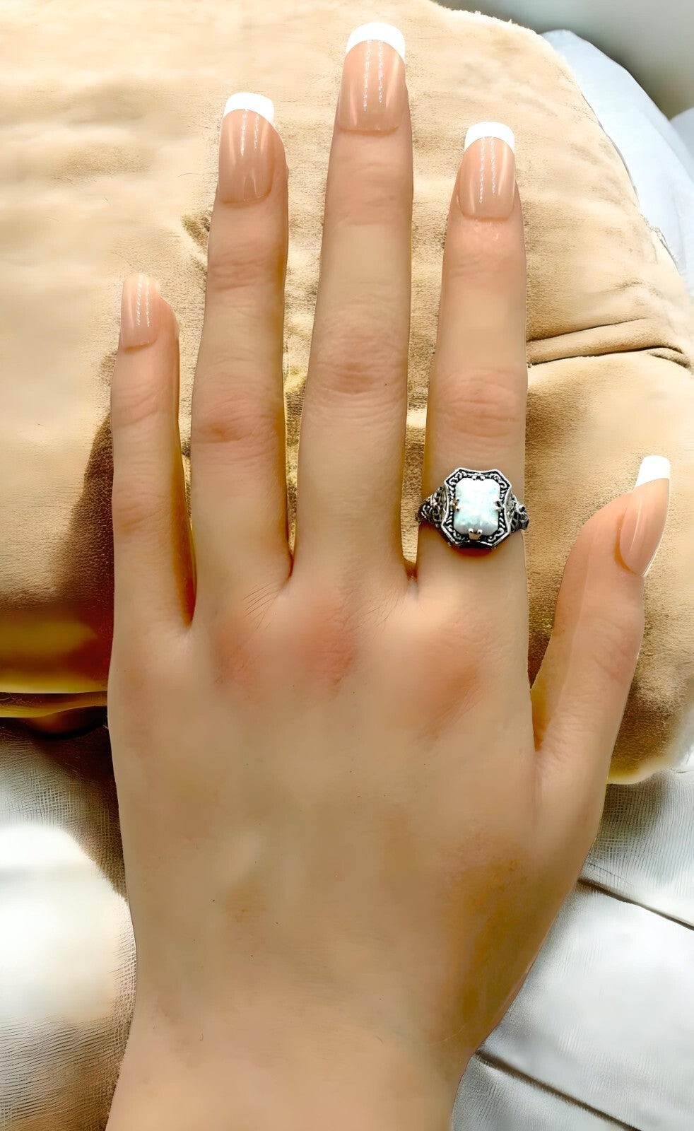 VINTAGE STYLE LAB-CREATED OPAL 925 STERLING SILVER FILIGREE RING           #1213