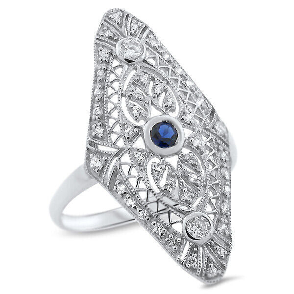 925 STERLING SILVER ART DECO STYLE LAB-CREATED SAPPHIRE & CZ RING           #833