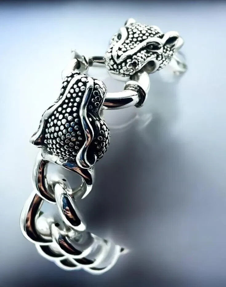 925 Silver Lightweight Curb Link Bracelet with Double Dragon Head Clasp  8" 1615