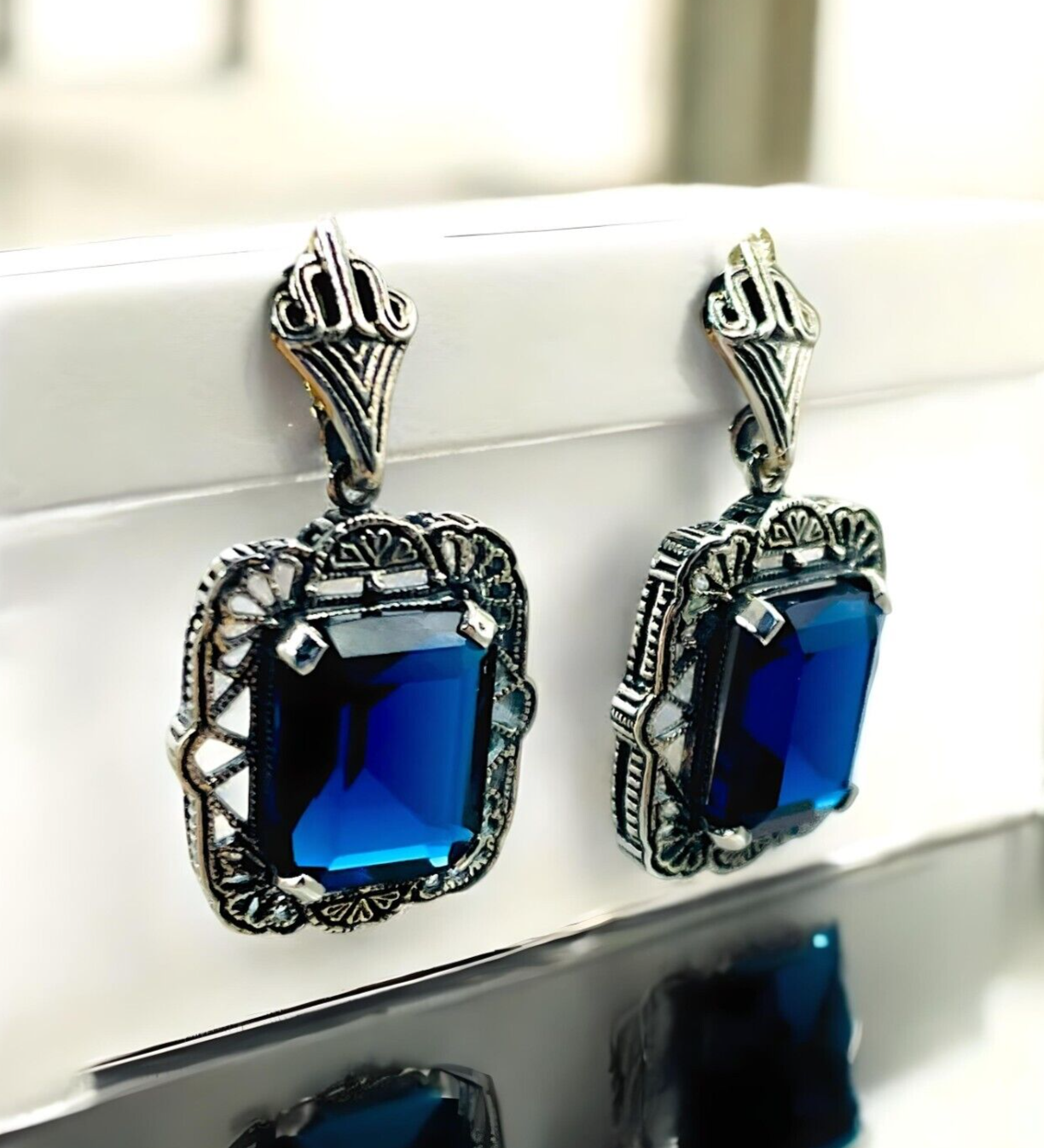 VINTAGE STYLE 925 STERLING SILVER SIMULATED SAPPHIRE FILIGREE EARRINGS 1816