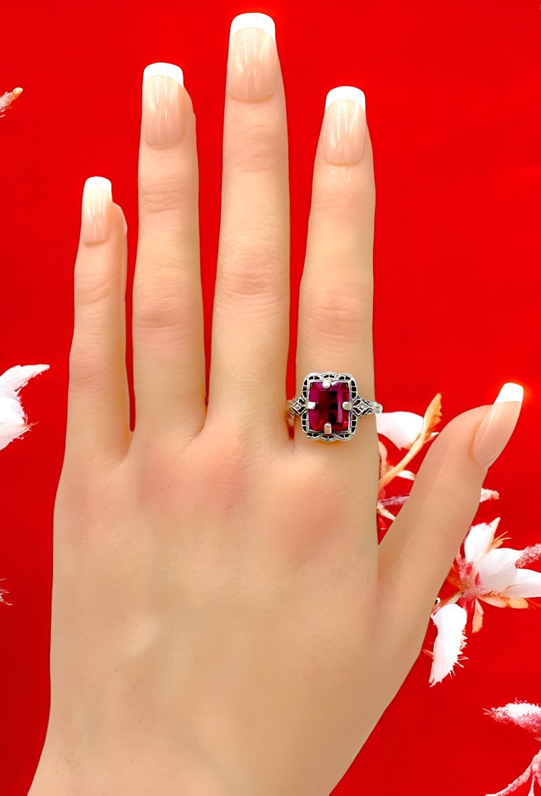 925 SOLID STERLING SILVER VIVID RED LAB-CREATED RUBY FILIGREE RING         #1176