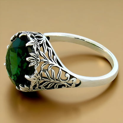 925 STERLING SILVER FILIGREE VICTORIAN STYLE SIMULATED EMERALD 3.50 Ct RING #445