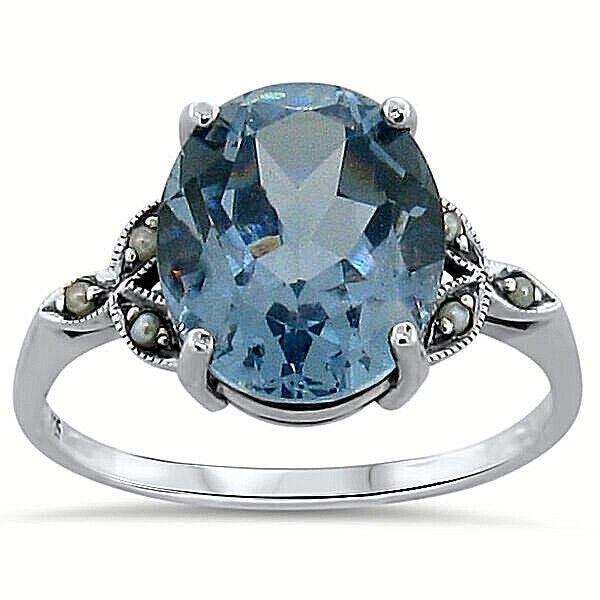 VICTORIAN STYLE 925 STERLING SILVER SIMULATED 5.5 CT AQUAMARINE PEARL RING  #198