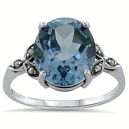 VICTORIAN STYLE 925 STERLING SILVER SIMULATED 5.5 CT AQUAMARINE PEARL RING  #198