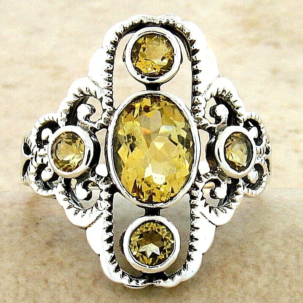 VINTAGE STYLE GENUINE CITRINE 925 SOLID STERLING SILVER FILIGREE RING       #247