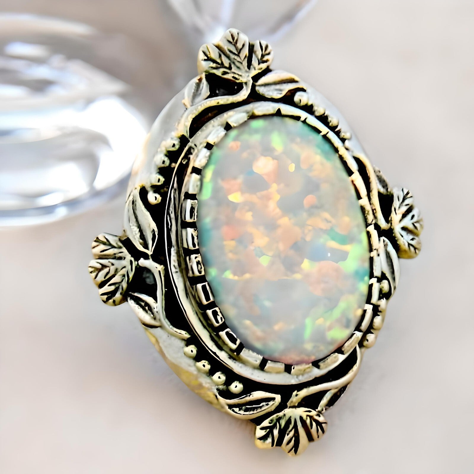 VINTAGE VICTORIAN STYLE 925 SOLID STERLING SILVER LAB-CREATED OPAL RING    #222
