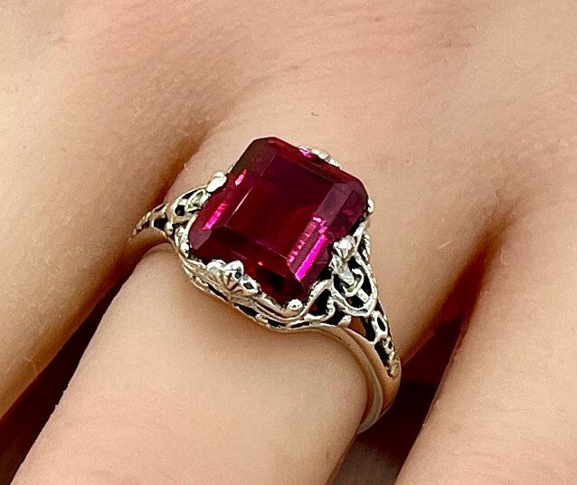 925 STERLING SILVER FILIGREE ANTIQUE STYLE VIVID RED LAB-CREATED RUBY RING #1293