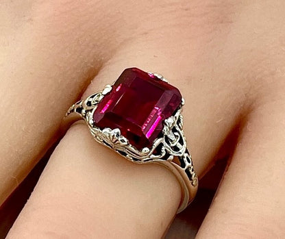 925 STERLING SILVER FILIGREE ANTIQUE STYLE VIVID RED LAB-CREATED RUBY RING #1293
