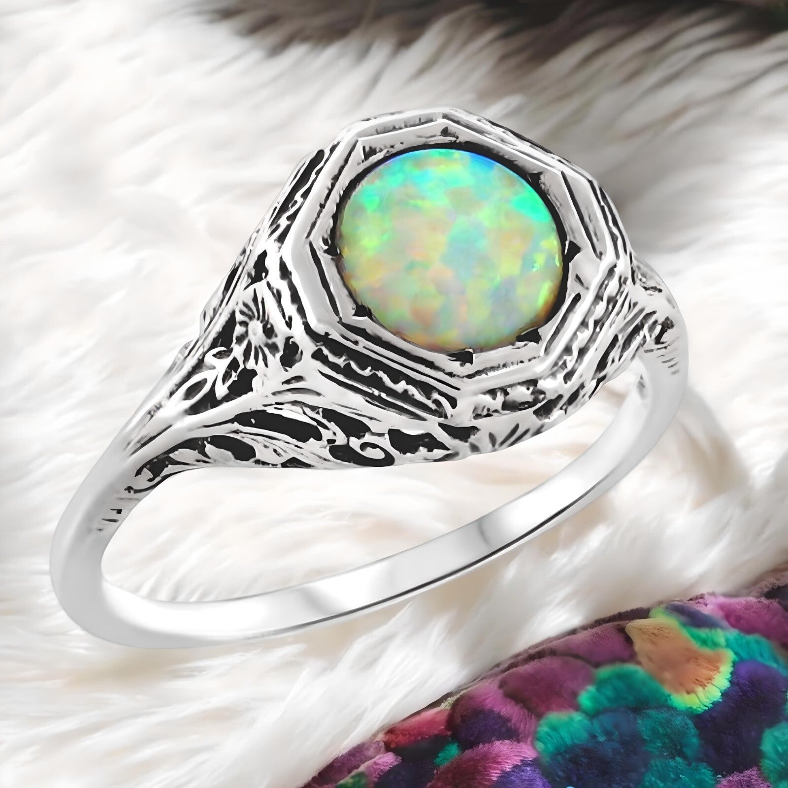 VINTAGE STYLE 925 STERLING SILVER SOLITAIRE LAB-CREATED OPAL FILIGREE RING #432