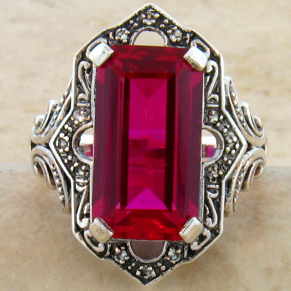 VICTORIAN STYLE CLASSIC 925 STERLING SILVER 6.5 CT LAB-CREATED RUBY RING    #466