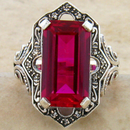 VICTORIAN STYLE CLASSIC 925 STERLING SILVER 6.5 CT LAB-CREATED RUBY RING    #466