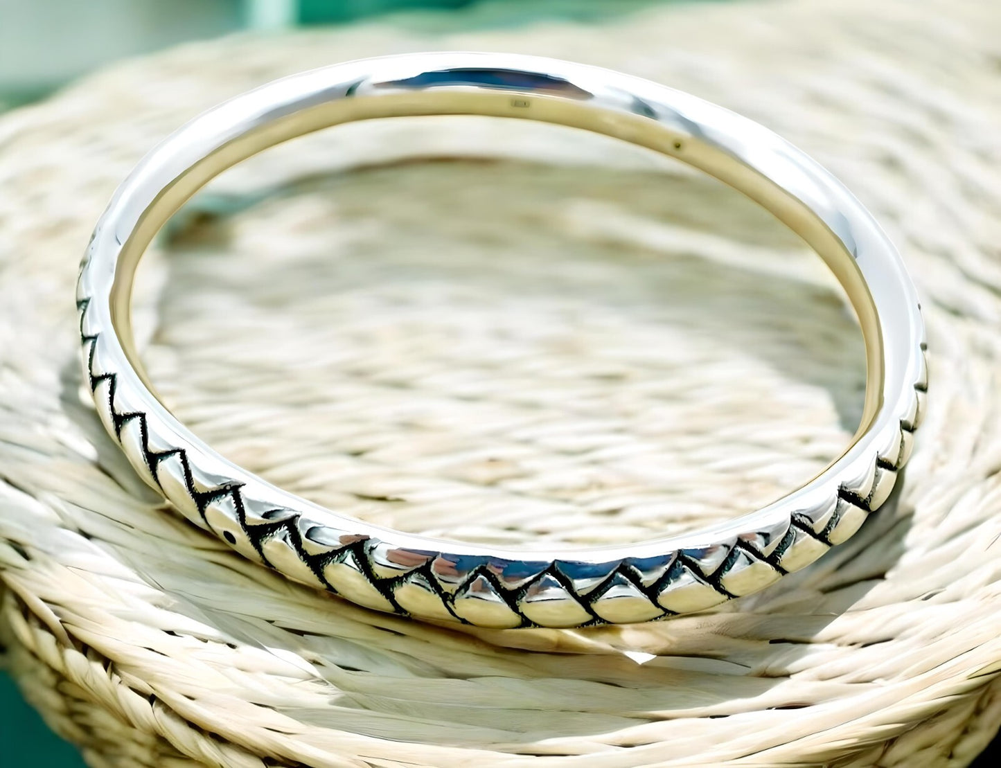 925 Sterling Silver Basket Weave Slip On Bangle Bracelet-8"Lightweight 1397