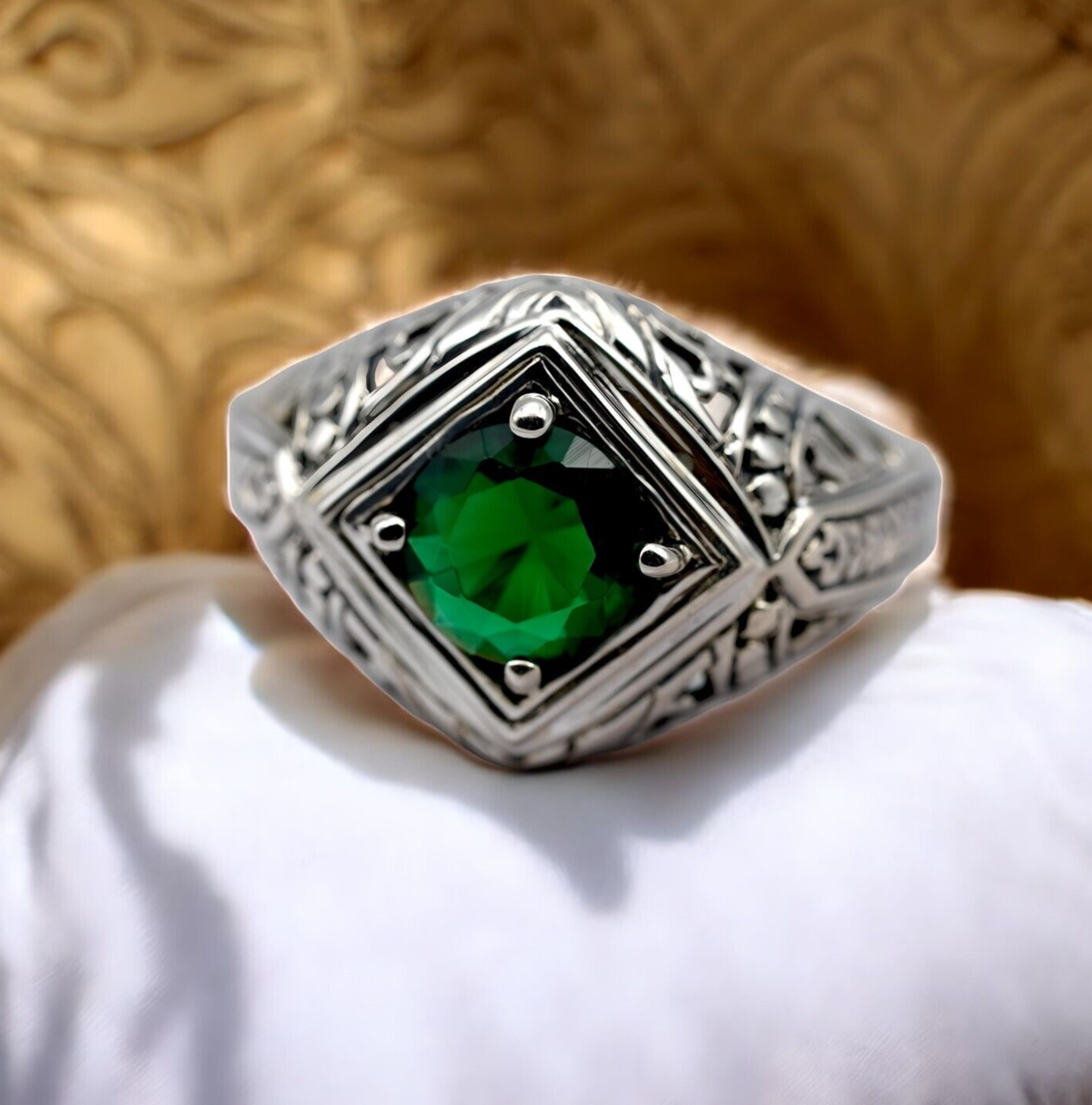 VINTAGE STYLE SIMULATED EMERALD 925 SOLID STERLING SILVER FILIGREE RING 1791