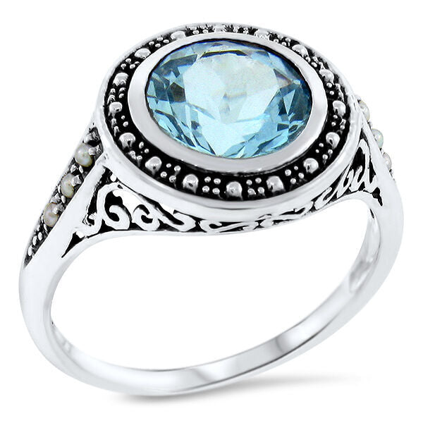 3 Ct GENUINE BLUE TOPAZ & PEARL 925 STERLING SILVER VICTORIAN STYLE RING    #511