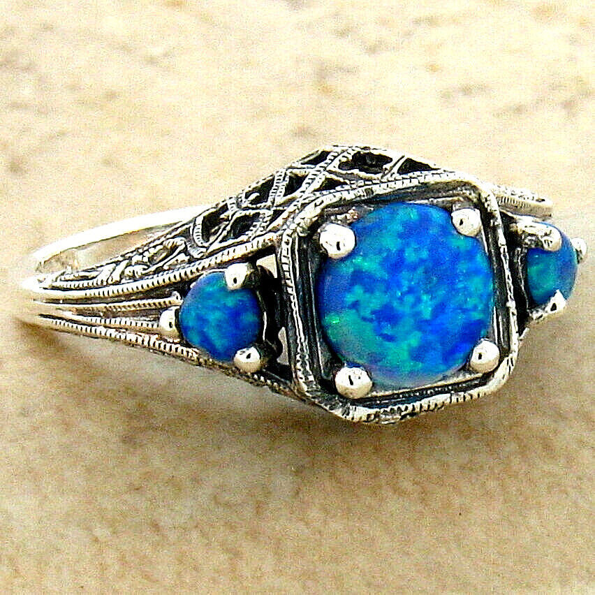 925 STERLING SILVER ANTIQUE STYLE LAB-CREATED BLUE OPAL THREE-STONE RING    #251
