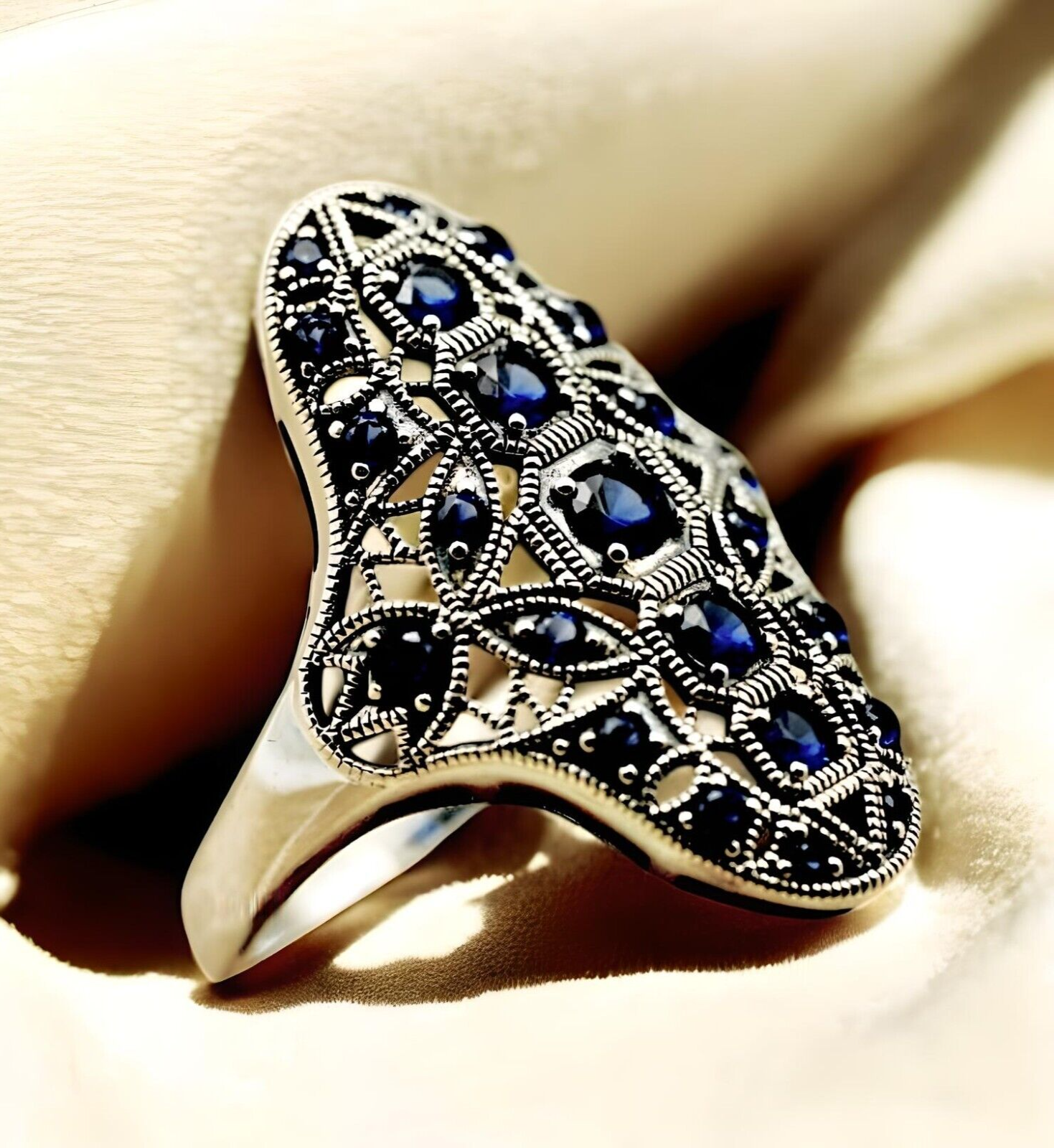 VINTAGE STYLE SIMULATED SAPPHIRE 925 SOLID STERLING SILVER COCKTAIL RING 1770