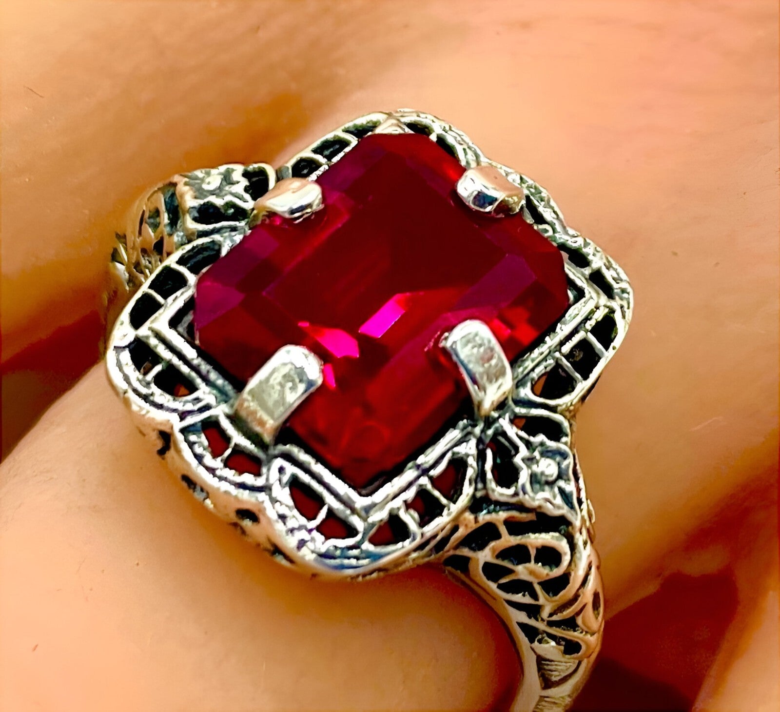 925 SOLID STERLING SILVER VIVID RED LAB-CREATED RUBY FILIGREE RING         #1176