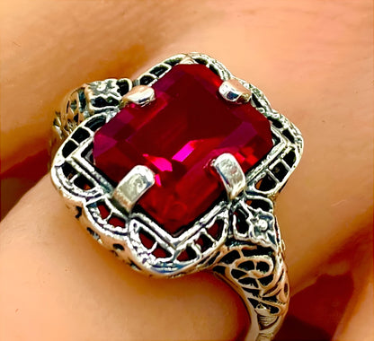 925 SOLID STERLING SILVER VIVID RED LAB-CREATED RUBY FILIGREE RING         #1176