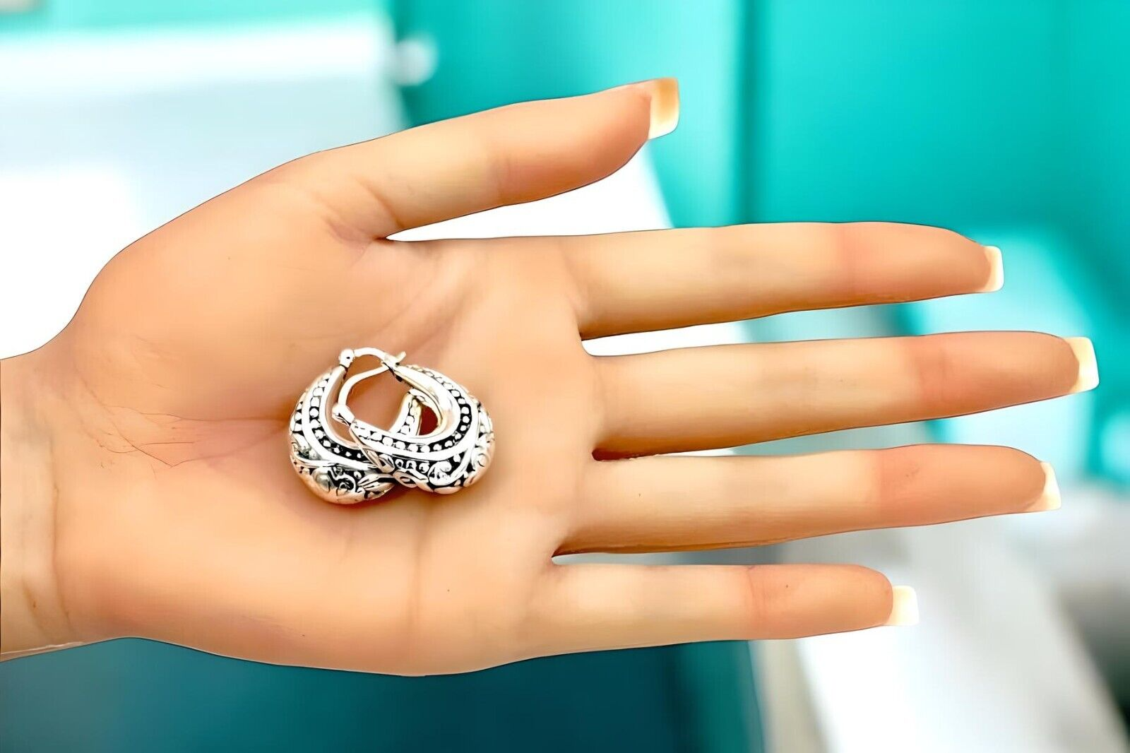 925 Sterling Silver Filigree Hoops - Latch Back Earrings, Lightweight 1253