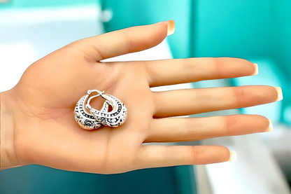 925 Sterling Silver Filigree Hoops - Latch Back Earrings, Lightweight 1253