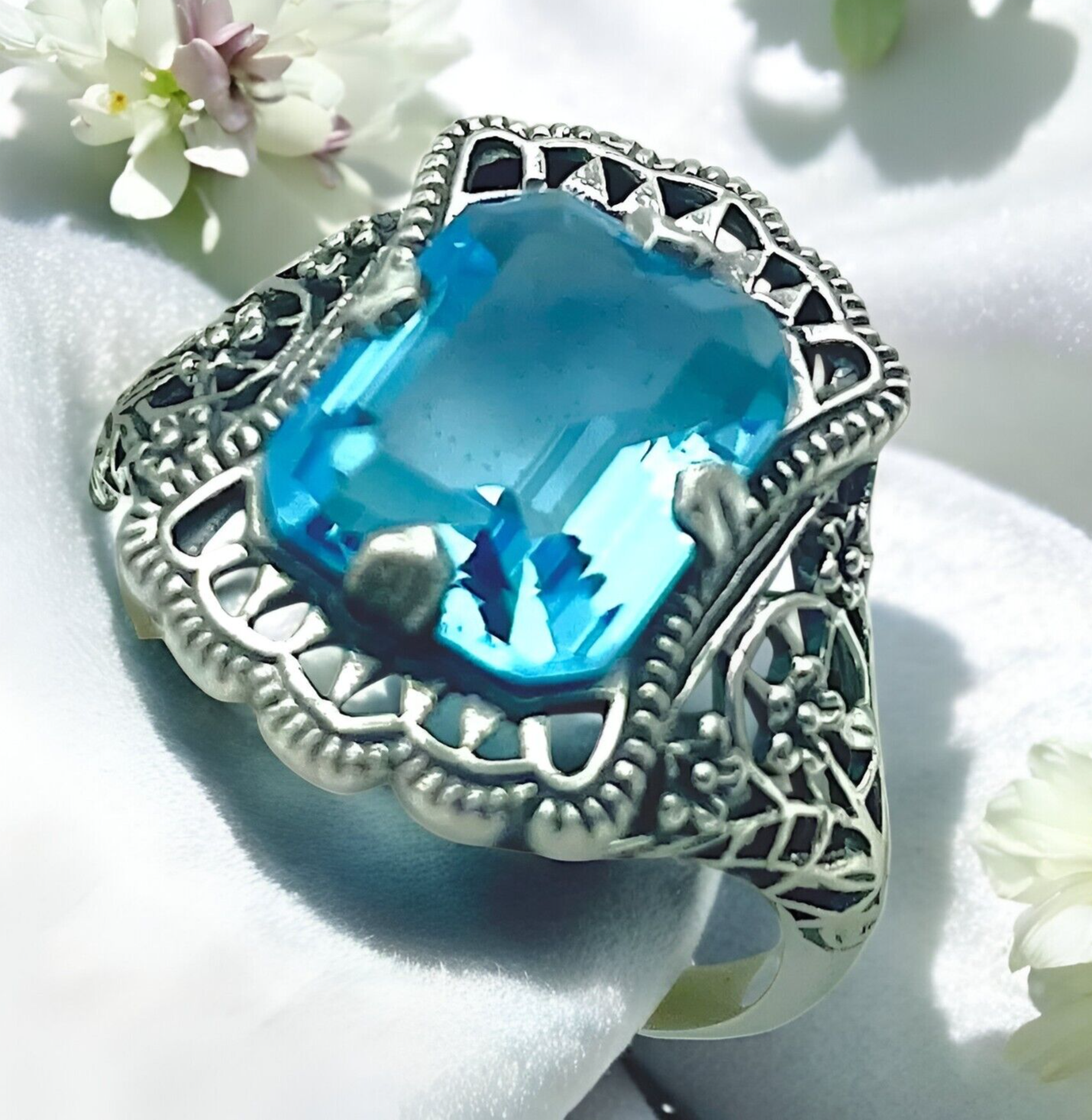 925 STERLING SILVER FILIGREE RING ANTIQUE STYLE SIMULATED AQUAMARINE       #1332