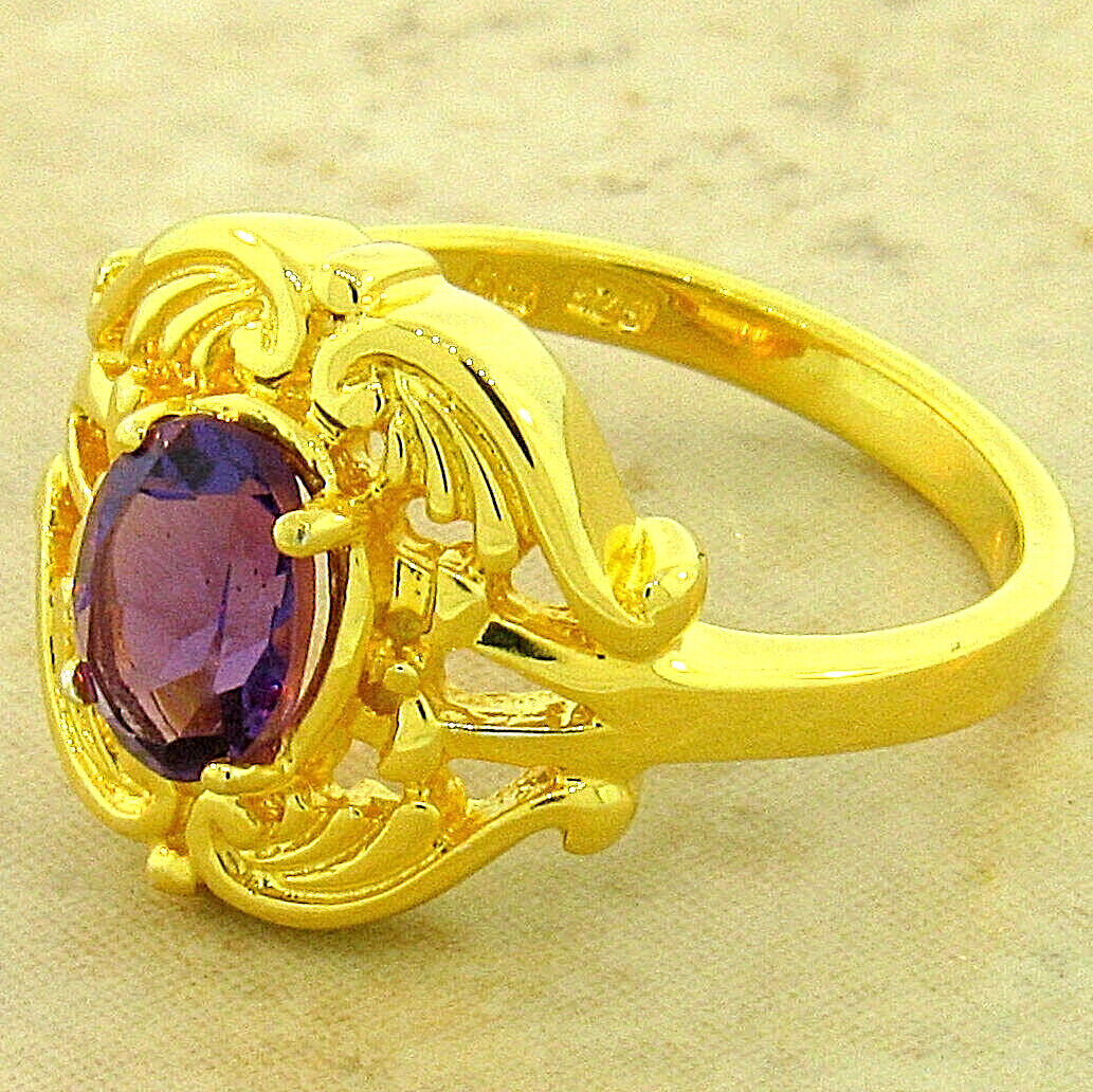 GENUINE AMETHYST ANTIQUE STYLE 24K GP OVER 925 SOLID STERLING SILVER RING   #576