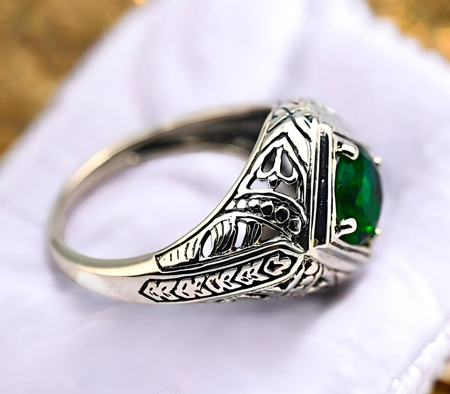 VINTAGE STYLE SIMULATED EMERALD 925 SOLID STERLING SILVER FILIGREE RING 1791