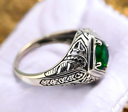 VINTAGE STYLE SIMULATED EMERALD 925 SOLID STERLING SILVER FILIGREE RING 1791