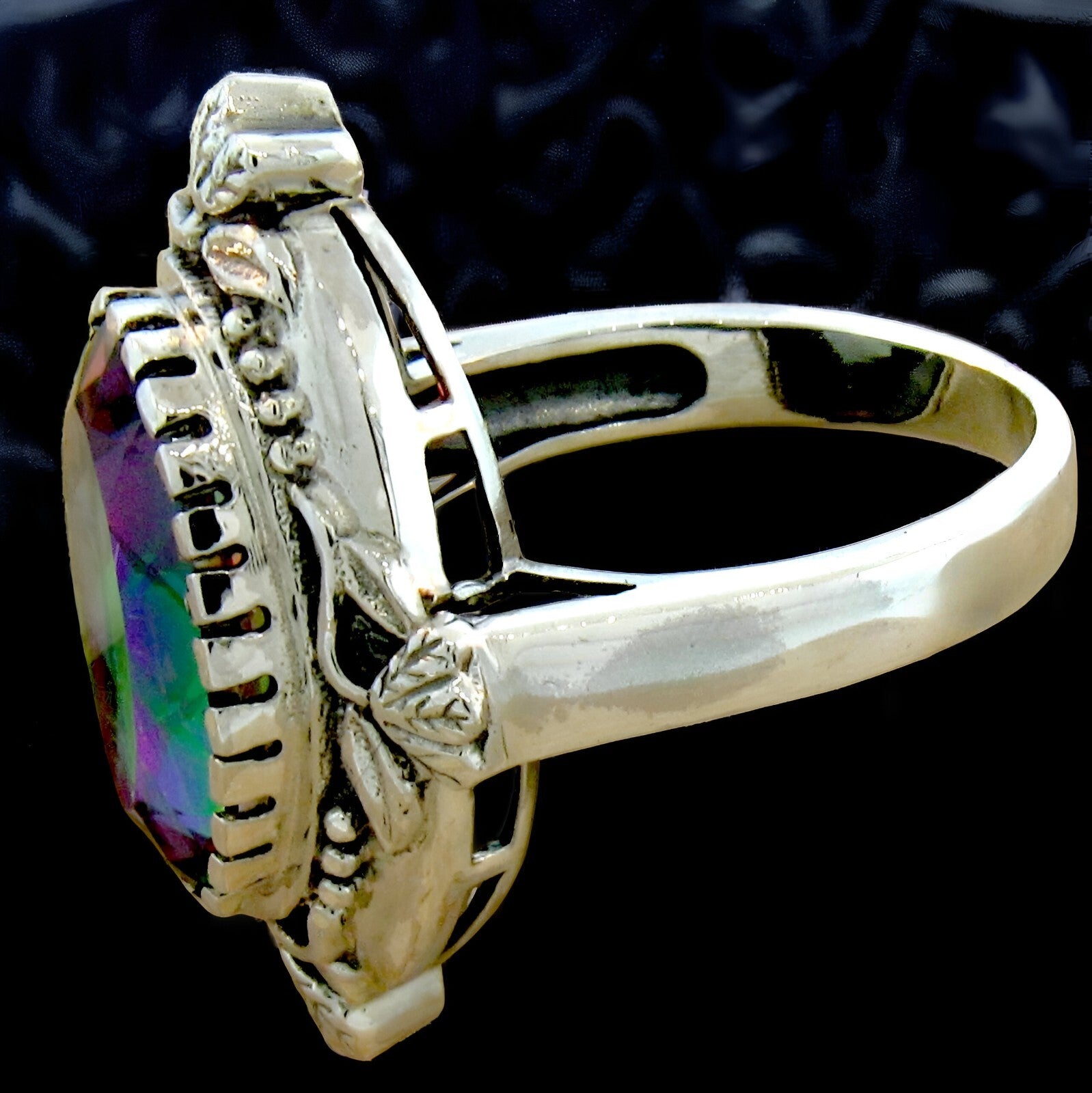 6 CT RAINBOW MYSTIC QUARTZ VICTORIAN STYLE 925 STERLING SILVER RING         #451