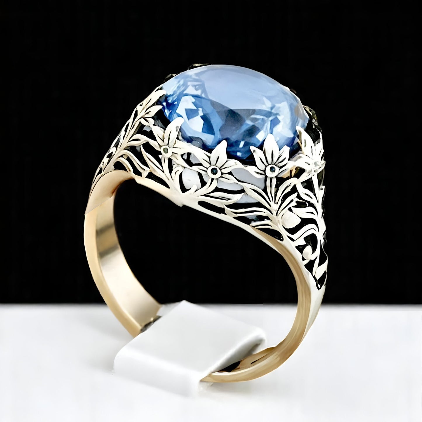 VICTORIAN STYLE FILIGREE 925 SOLID STERLING SILVER SIMULATED AQUAMARINE RING 738