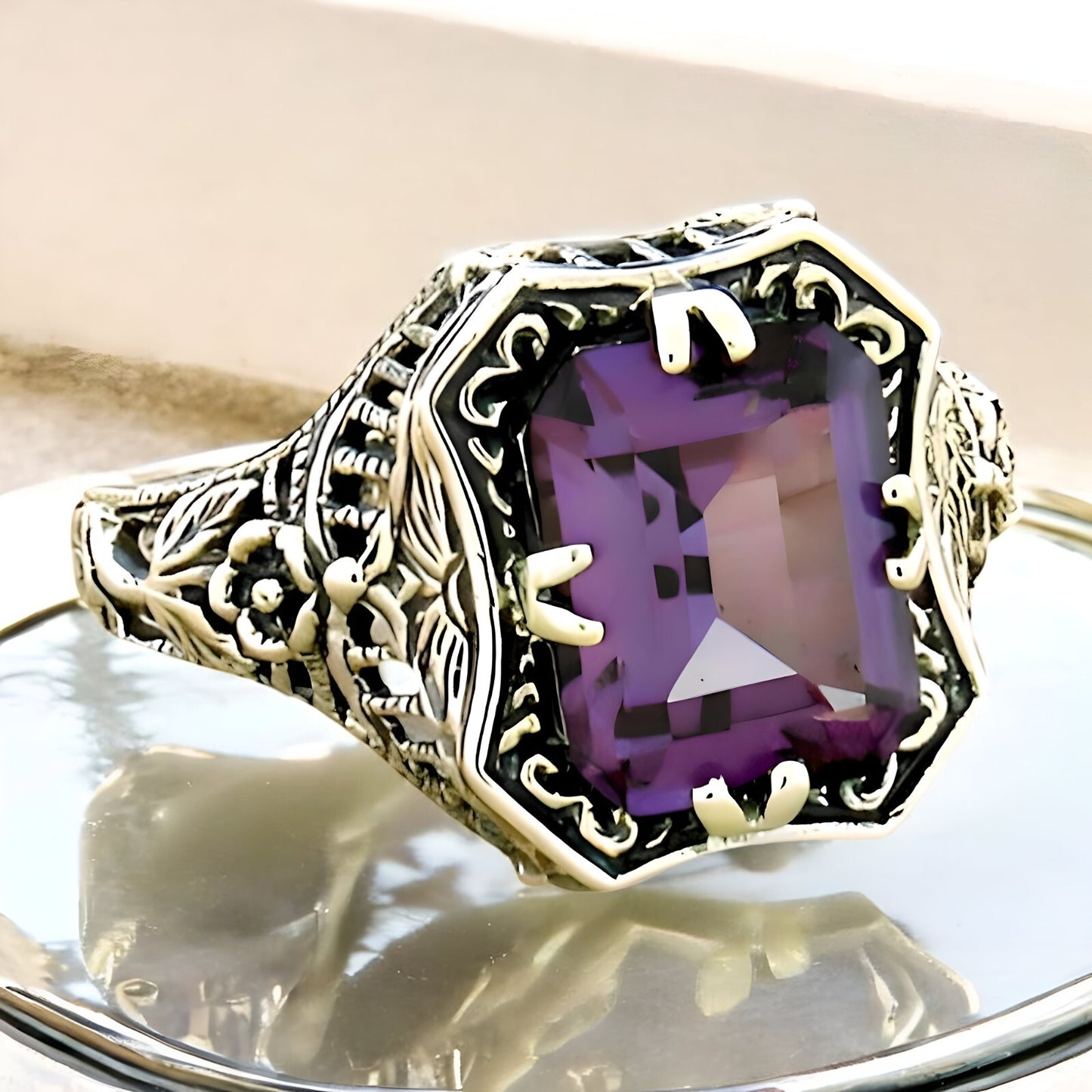 VINTAGE STYLE LAB-CREATED ALEXANDRITE 925 STERLING SILVER FILIGREE RING #019