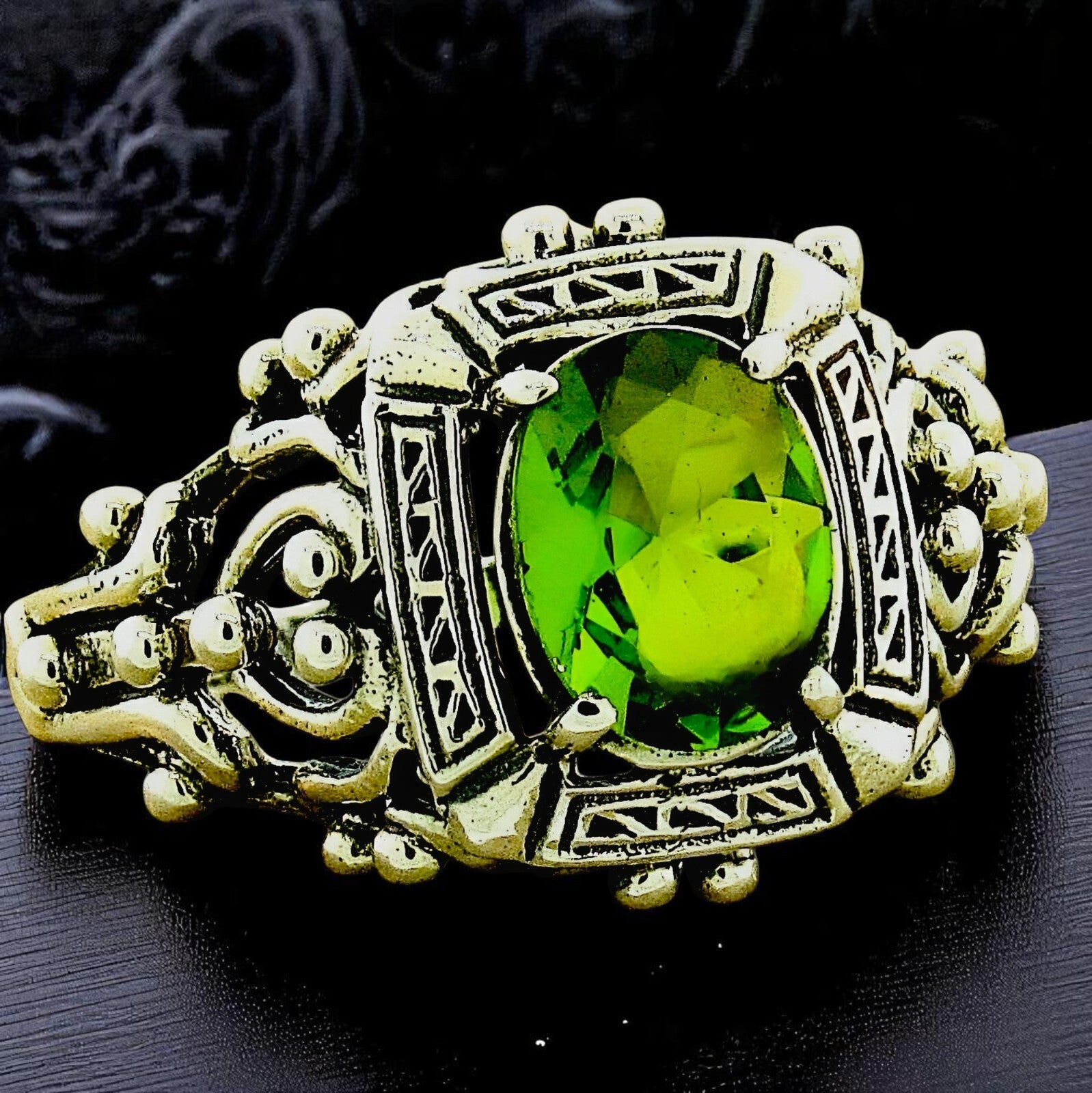 VINTAGE STYLE 925 STERLING SILVER SIMULATED 1 Ct PERIDOT FILIGREE RING      1144
