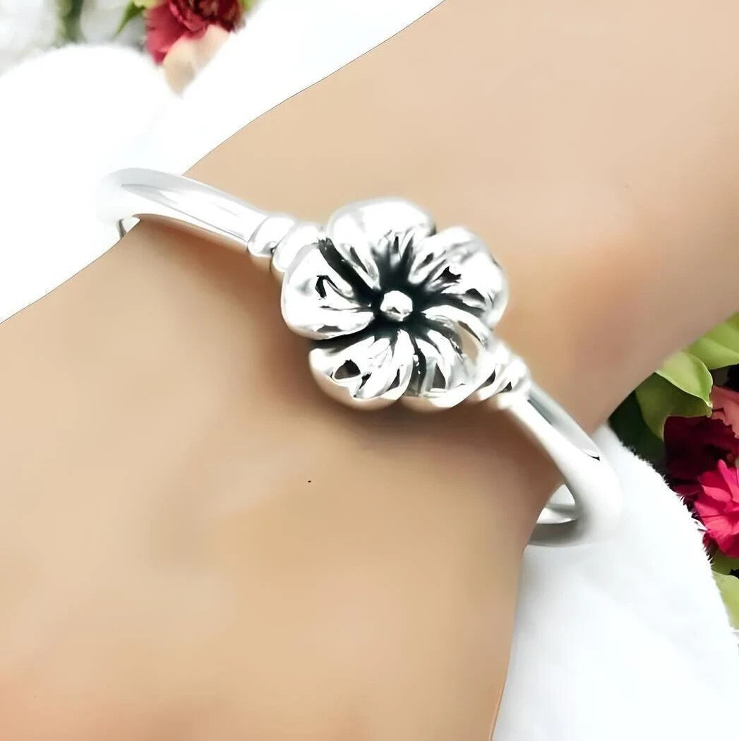 925 Sterling Silver Floral Bangle - Hinged Lightweight Flower Bracelet 6.5" 1487
