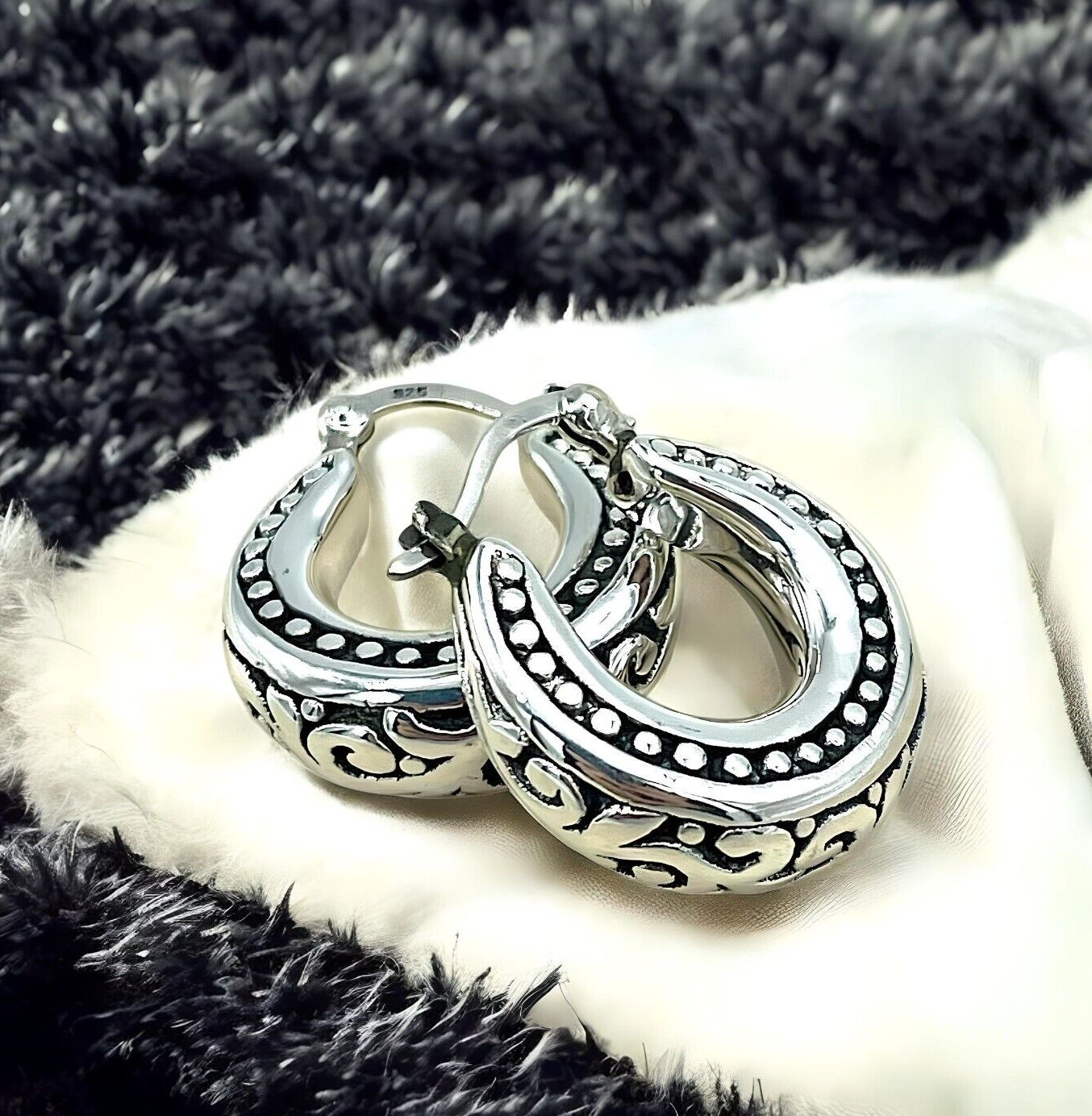 925 STERLING SILVER FILIGREE DESIGN LATCH BACK HOOP EARRINGS LIGHTWEIGHT 1674