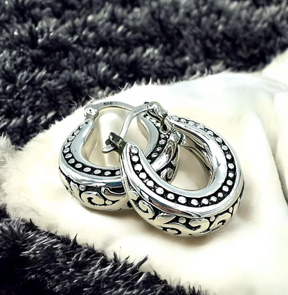 925 STERLING SILVER FILIGREE DESIGN LATCH BACK HOOP EARRINGS LIGHTWEIGHT 1674