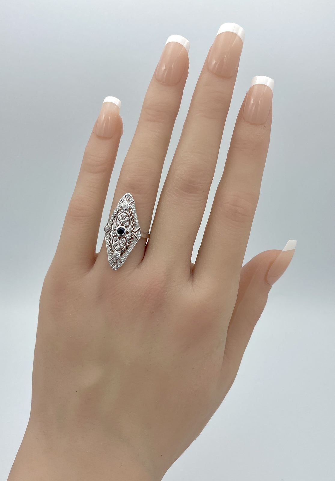 925 STERLING SILVER ART DECO STYLE LAB-CREATED SAPPHIRE & CZ RING           833z