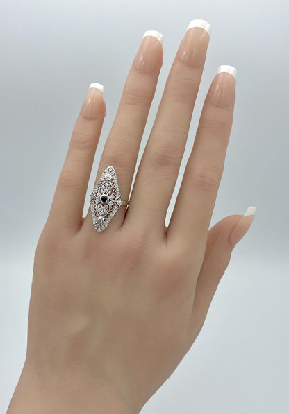 925 STERLING SILVER ART DECO STYLE LAB-CREATED SAPPHIRE & CZ RING           833z