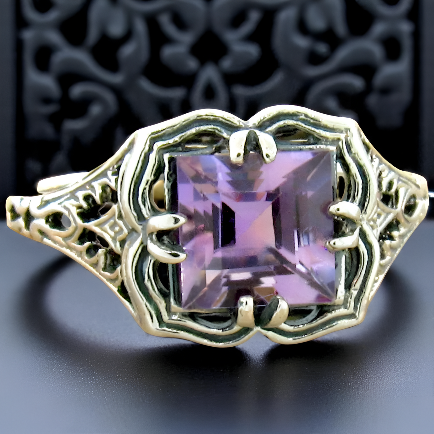 GENUINE AMETHYST ART DECO STYLE  925 STERLING SILVER FILIGREE RING          #780